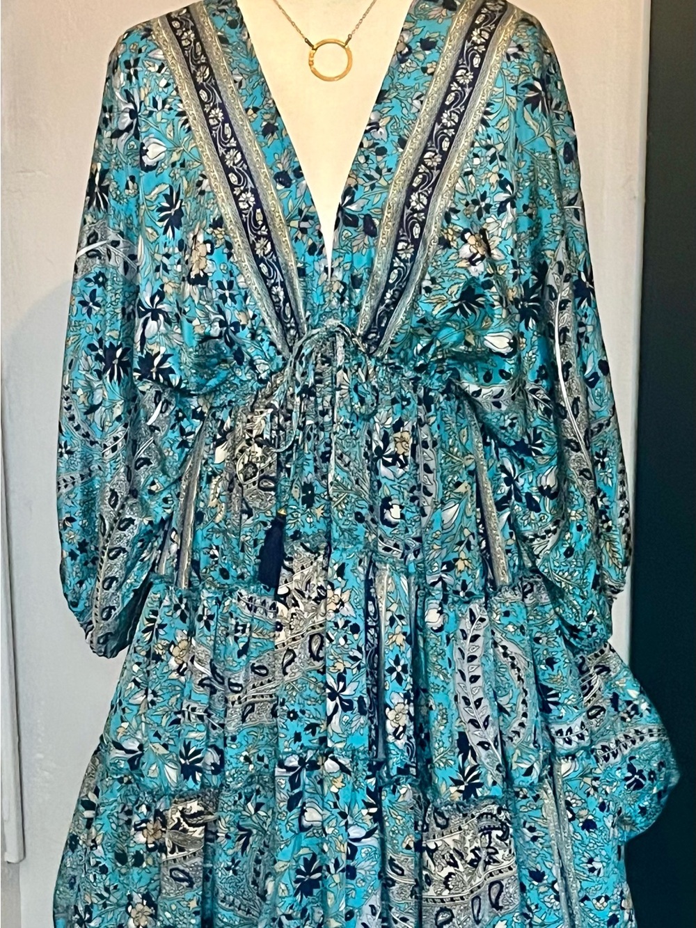 Boho Coastal Floral Paisley Deep V Tie-Back Kaftan Dress India Blues